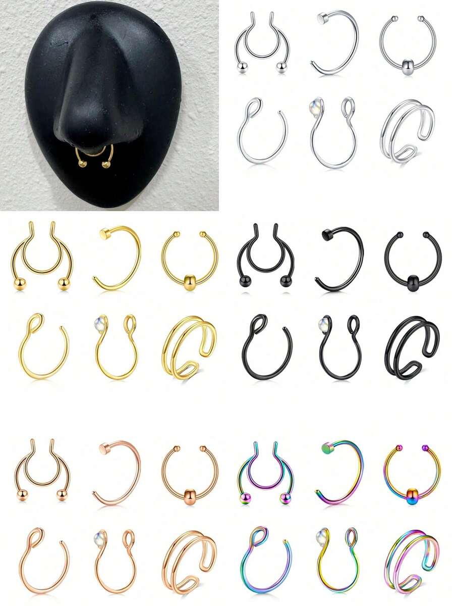 6Pcs/Set Fake Nose Piercing Jewelry, Fake Nose Rings Fake Septum Ring Stainless Steel No Piercing Hoop Fashion Nose Clip Jewelry - Fake Nose Rings - View 1