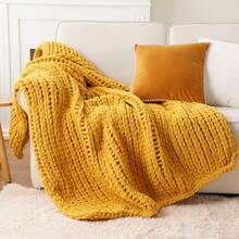 Mustard Yellow Chunky Knit Throw Blanket, Soft Thick Chenille Blanket,Handmade Cable Knit Crochet Blanket For Living Room Decor,50"X60" - 芥末 - 查看 10