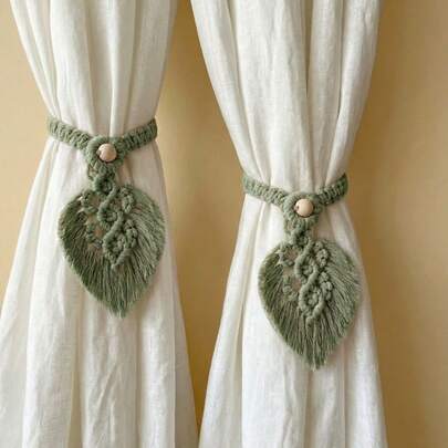 Cirelle Bộ 2 dây treo rèm cửa phong cách Bohemian, khóa trang trí rèm cửa hình lá nhiều màu dệt tay, dây buộc rèm cửa, đồ trang trí treo mềm mại cho gia đình, đồ trang trí đám cưới