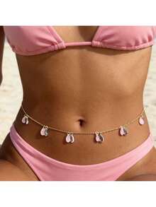 1pc Sexy Beach Vacation Style Pink Teardrop Satellite Stone Pendant Waist Chain, Fashionable Women Bikini Chain Body Jewelry Suitable For Ladies Vacation - Golden 3-satellite Pendant Waist Chain - View 4