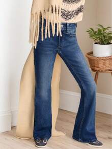 女士休闲修身弹力喇叭牛仔裤，高腰蓝色修身喇叭牛仔裤，适合高个女性，夏季高个女性喇叭裤 - 深色水洗藍 - 查看 5