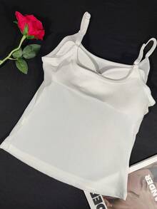 多功能U领白色性感简约吊带背心，修身透气外穿/内搭，露背时尚短款无袖上衣带胸垫，休闲运动背心 - 白色 - 查看 8