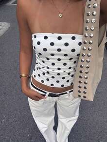 新款性感波点印花褶皱抹胸上衣，露脐上衣 - 白色 - 查看 1