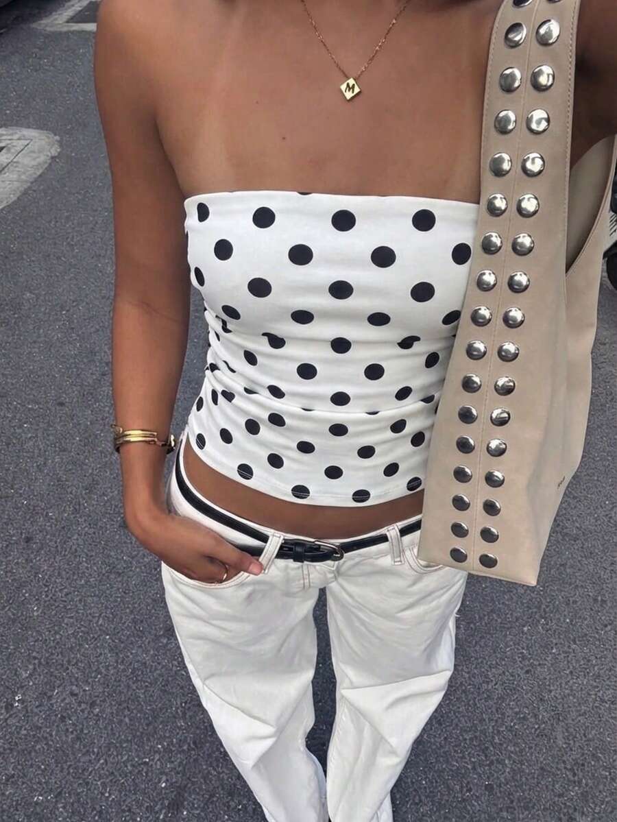 新款性感波点印花褶皱抹胸上衣，露脐上衣 - 白色 - 查看 1