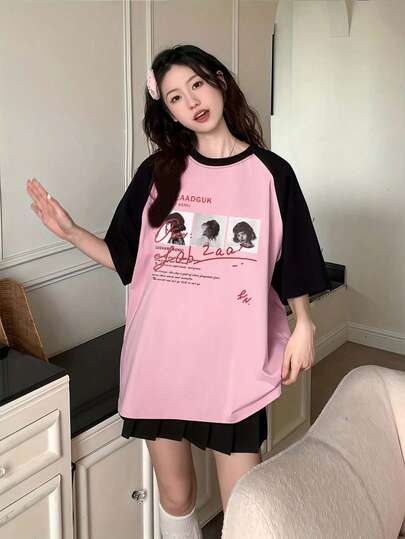 Casual Loose Fit Colorblock Raglan Sleeve T-Shirt With Letter & Portrait Graphic Print, Comfortable Daily Street Style For Women & Students, Spring/Summer