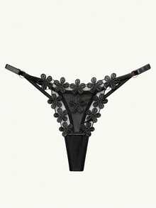 Custom Diamond-Encrusted Comfortable Lace Breathable Thong For Women - Black and Silvery - View 4