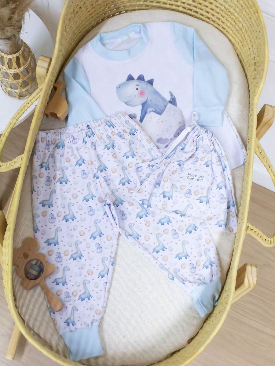 Children's Pajamas For Boys, Girls, And Unisex, In Cotton Fabric. 2-Piece Pajama Set, Long Sleeves, Pants With Elastic Waistband, Comfortable, Sizes 1 To 4 Years, Cute Print. - 淺藍色 - 查看 1