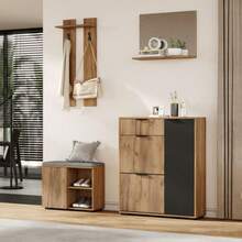 Hallway Wall-Mounted Wardrobe Set; Wardrobe Set With Bench And Shoe Rack, 1 Mirror, 1 Drawer, 2 Hooks, 4 Doors, Natural And Black, W 140 * D 35 * H 139 Cm - Wood Color - View 2