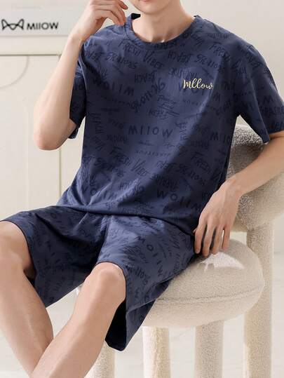 AICJ 男士休闲睡衣两件套，字母印花圆领T恤上衣和短裤，基础家居服套装，适合春夏穿着