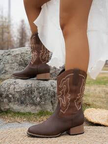 女士西部风格刺绣方头粗跟假日西部靴 - 棕色 - 查看 4
