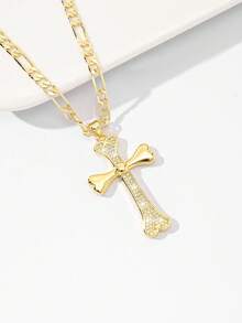 1pc European & American Classic Copper Inlaid Zirconia Bone Shaped Jesus Cross Pendant Necklace, Limited Edition "Light Of Protection", Suitable As Gift For Christmas, Thanksgiving, Halloween, Mother's Day, Valentine's Day, Friends, Believers, First Holy Communion, Daily Wear And Prayer - Yellow Gold - View 4