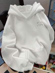 Women's Hoodie, Creative Minimalist Cute Cat Print On The Chest, Stylish And Comfortable Autumn/Winter Fashion, Versatile Casual Hoodie, Women's Clothing - trắng - Xem 2