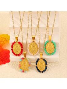 1 pieza Collar con colgante oval retro de la Virgen María de color dorado, cadena de clavícula de acero inoxidable con turquesa verde y multicolor, mejor joya de regalo para mujeres - collar de moda antigua - Ver 9