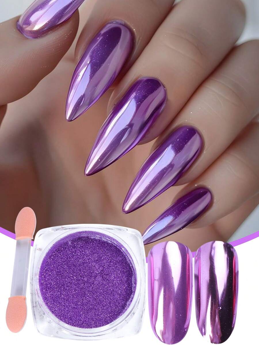 1 Hộp Bột Sơn Móng Tay Kim Loại, Màu Tím Gương Hiệu Ứng Kim Loại, Bột Trang Trí Móng Tay DIY - Màu tím - Xem 1