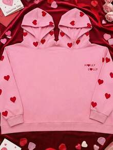 Oversized Long Sleeve Hooded Jumpsuit, Suitable For Girlfriends/Couples, One Size, Heart/Letter/Slogan Print, Suitable For Spring/Summer Wear, Can Be Used For Vacation/School/Home/Daily/Street/Photo Shooting, Simple/Y2K/Casual/College/Street/Office/Cute/Sexy Style, Valentine's Day/New Year/Easter, Women's Spring Clothing, Women's Spring Outfits, New Year Outfits, Fashionable Printed Hoodie, Women's Hoodie, Women's Vacation Outfits, Valentine's Day Outfits - Pink - View 1