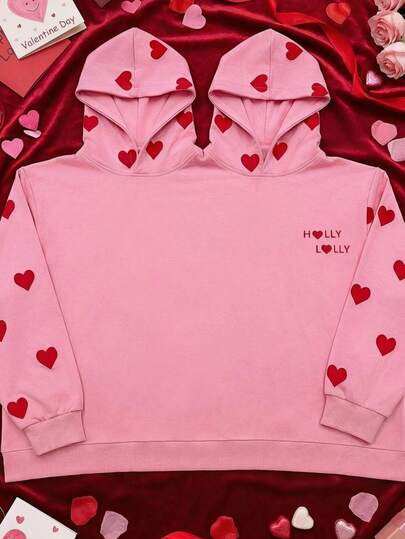 Oversized Long Sleeve Hoodie, Suitable For Girlfriends/Couples, One Size, Heart/Letter/Slogan Print, Suitable For Spring/Summer Wear, Can Be Used For Vacation/School/Home/Daily/Street/Photo Shooting, Simple/Y2K/Casual/College/Street/Office/Cute/Sexy Style, Valentine's Day/New Year/Easter, Women's Spring Clothing, Women's Spring Outfits, New Year Outfits, Fashionable Printed Hoodie, Women's Hoodie, Women's Vacation Outfits, Valentine's Day Outfits