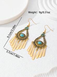 1 Pair Bohemian Turquoise Tassel Drop Earrings, Vintage Gold Plated Dangle Earrings For Women, Retro Teardrop Boho Jewelry For Party & Vacation - Ancient Bronze - View 2