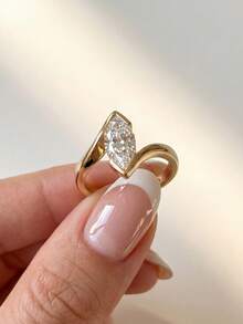 1 pieza Anillo de diamante único con forma de V, diseño de oro con acento de diamante de corte en pera, engaste cerrado geométrico, estilo moderno, versátil para cualquier atuendo - Anillo de diseño marquesa - Ver 4