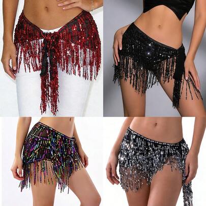 1 Stück Bauchkette mit Pailletten für Frauen, Quasten Hüftgürtel, Chiffon Schal, Karneval Glitzer Bühnen Tanz Accessoire