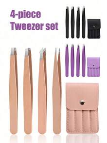 4Pcs Tweezers Set With Travel Case, Great Precision Upgrade Professional Anti-Rust Alloy Tweezers For Women & Men Multi-Purpose As Eyebrows Facial Hair Ingrown Hair Removal - Multicolor - View 3