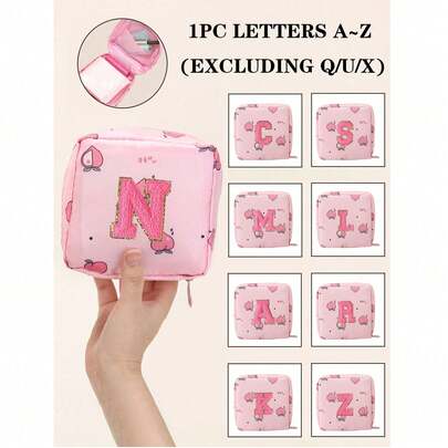 Túi đựng băng vệ sinh di động thêu chữ cái đầu tiên từ A-Z - Dung tích lớn, chống thấm nước, thiết kế hoạt hình - Thích hợp cho các bạn gái trong kỳ kinh nguyệt! Túi đựng mỹ phẩm du lịch chống thấm nước, ví đựng tiền xu, túi đựng tiền mặt cho thiếu nữ, màu hồng đào, thêu 26 chữ cái trên khăn.