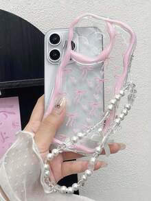 粉色蝴蝶结爱心印花搭配粉色波浪珍珠链手机挂绳套装，适用于 17 16 15 14 13 12 11 Pro Max 14 15 16 Plus XS XR X 8 7，国际版，非国内版 - 無色 - 查看 4