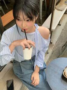 早春新款法式斜摆系带露肩长袖上衣 - 圖片色 - 查看 4