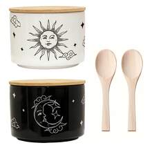 1/2pcs Retro Sun & Moon Design Salt Cellar With Bamboo Lid And Spoon, Stackable Elegant Ceramic Canister/Container/Bowl For Storage, Sea Salt, Spice, Sugar, Countertop, Housewarming Gift - Multicolor - View 4