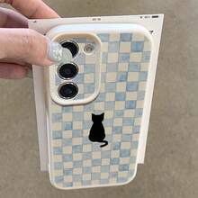 1个TPU材质俏皮蓝格纹黑猫剪影图案时尚手机壳，兼容三星/A05s/A12/A13/A14/4G/A15/A21s/A23/A25/A32/5G/A34/A35/A50s/A51/A52/A53/A54/A55/A71/A72/A73/S10/S20FE/S20Ultra/S21Ultra/S22/S22Plus/S23/S24、红米/10C/12C/NOTE10/11/12/13/ProPlus/Note8/9Pro，全包防震软壳手机保护套 - 白色 - 查看 4