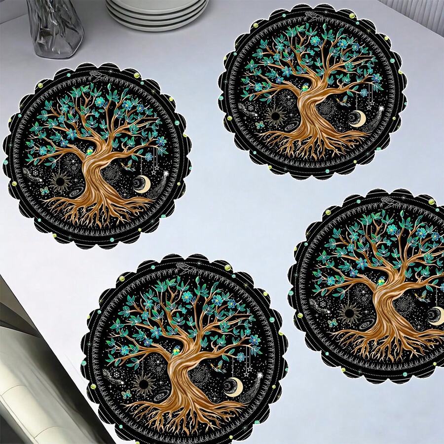4 Pieces / 6 Pieces / 8 Pieces Kitchen Tablecloths With The "Tree Of Life" Pattern. Round Tablecloths. Round Table Mats. Festival Table Decorations. Seasonal Home Decorations, With A Size Of 13.7 Inches * 13.7 Inches. Round Design. Festival Decorations, Made Of Thick And High-Quality Linen Material. - Multicolor - View 1