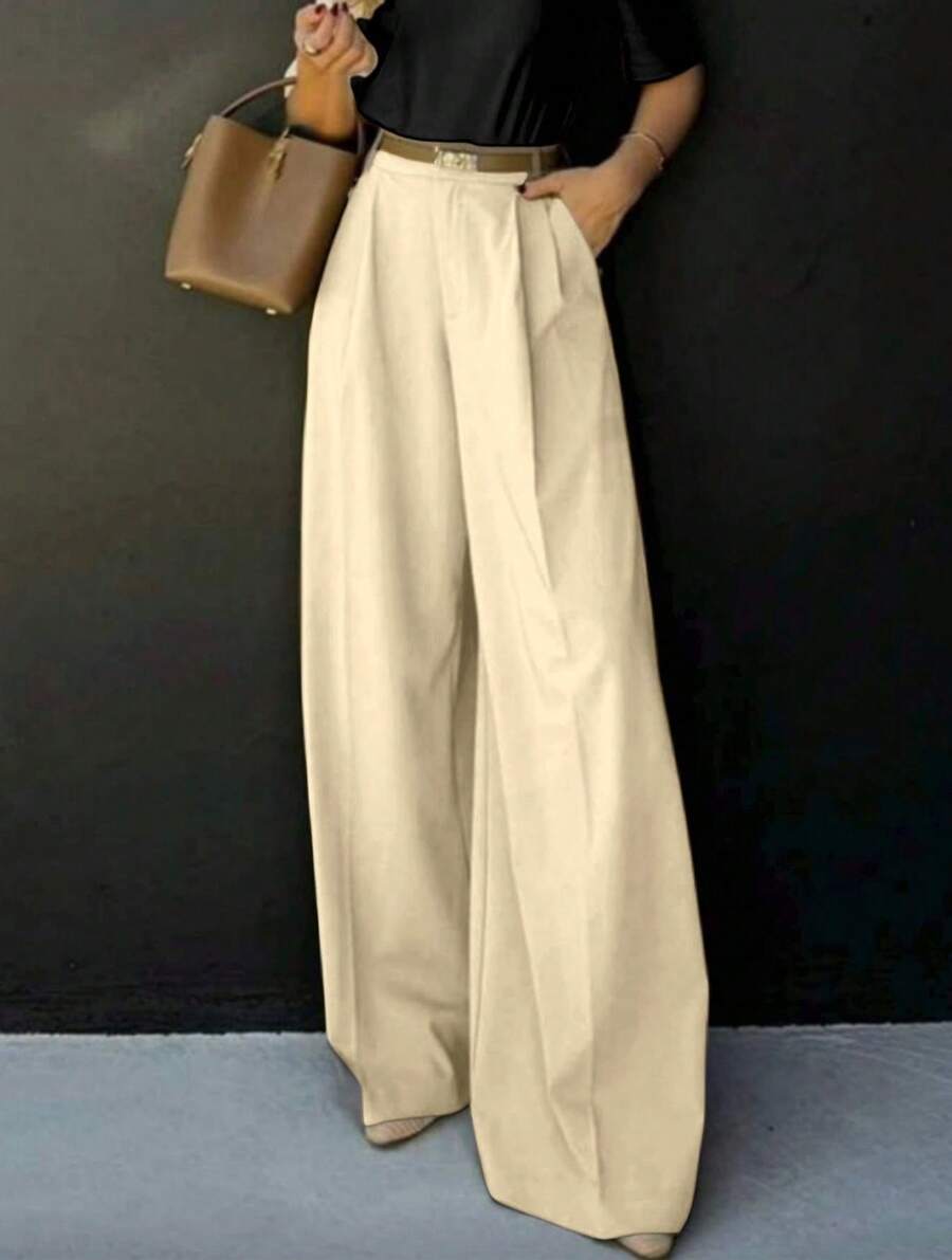 Straight-Leg, Wide-Legged Suit Trousers. Floor-Length. - Beige - View 1