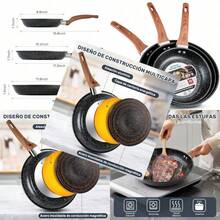 Sartenes Antiadherente 3 Piezas Sartenes de 22cm/ 26cm/ 30cm con Revestimiento Antiadherente Sartenes de Aluminio Multifuncionales para Estufas Estufas de Inducción y Gas Lavavajillas Sin PFOA-025 - Negro1 - Ver 3