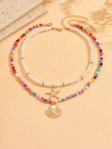 2 buc/set colier choker la modă, colorat, cu perle artificiale, lucrat manual, cu pandantiv stea de mare, bijuterii elegante pentru gât, potrivite pentru purtare zilnică, călătorii, petrecere, întâlnire - Multicolor - Vizualizare 2