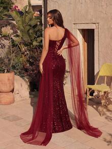 ADYCE 女士长款开衩露肩正式礼服，适合舞会、派对、宴会、盛会等场合，优雅亮片装饰，新年婚纱春季派对礼服 - 酒紅色 - 查看 2