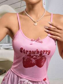 Strawberry Print Pink Women's Comfortable Sleepwear Top - Pink - View 5