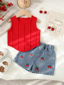 Baby Girls Valentine's Day Solid Color Sleeveless Round Neck Irregular Top + Cartoon Fruit Cherry Embroidery Fake Pocket Denim Shorts Casual Outfit - Red - View 2