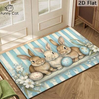 Blue Striped Rabbit, Easter Decor, American Retro Style. Gold Velvet Material, Diamond Velvet Carpet. Area Rug. Bohemian Style. Living Room Carpet. Diamond Velvet Low Density Rectangular Carpet, Decorative Floor Rug, Suitable For Living Room, Bedroom And All Season Home Decor. Soft, Easy To Care, Machine Washable.