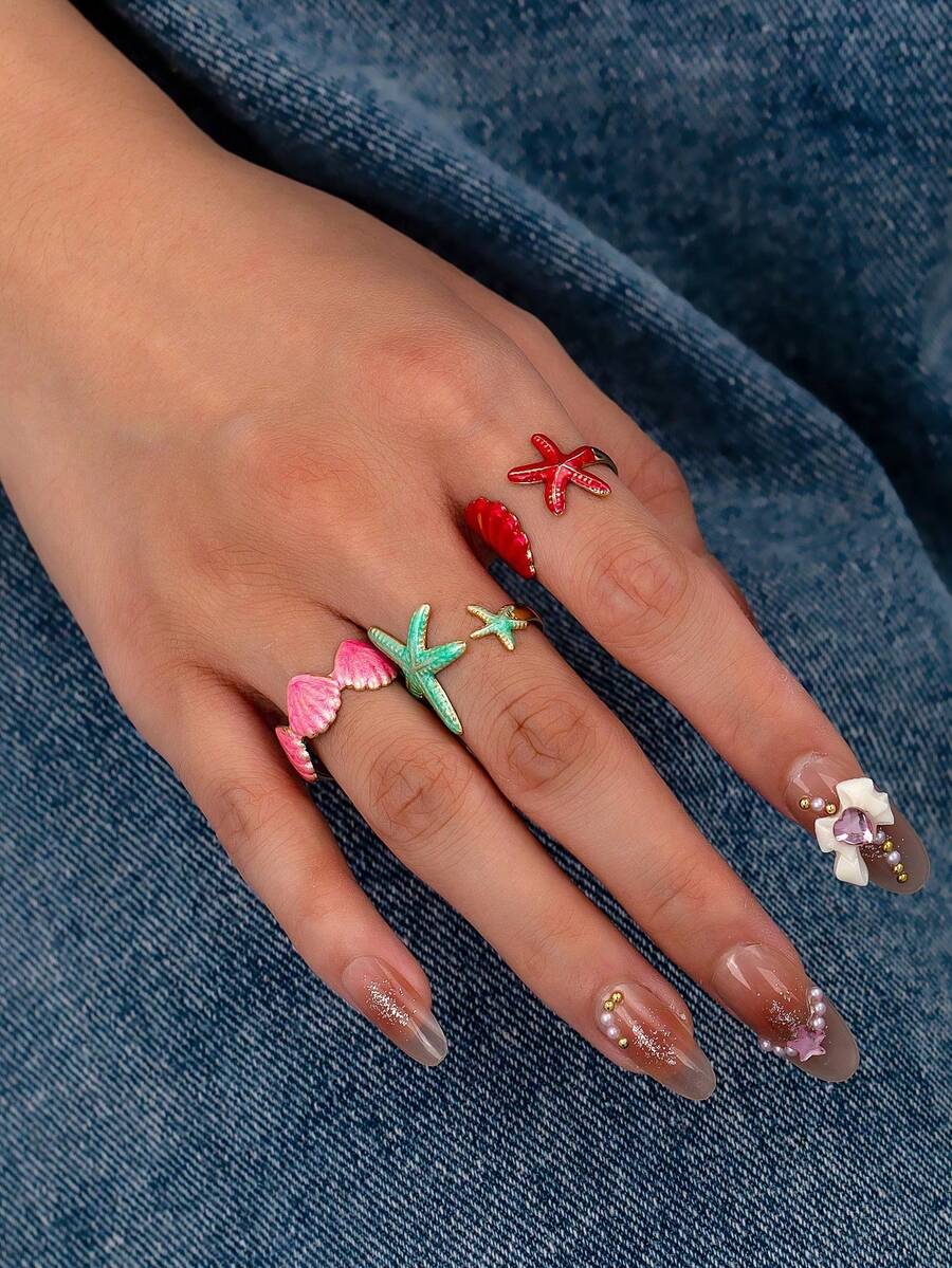 3pcs/Set Summer Beach Style Enamel Star Open Ring For Women - Multicolor - View 1