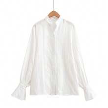 秋季新款甜美清新百搭优雅通勤宽松立领灯笼袖长袖休闲提花衬衫女上衣 - 白色 - 查看 9