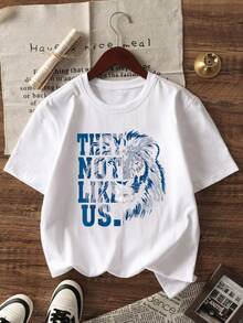 男童休闲狮子图案印花圆领短袖T恤，夏季学生青少年服装 - 白色 - 查看 3