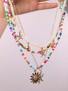 Bộ 4 vòng cổ hạt cườm phong cách đại dương thời trang với họa tiết vỏ sò, sao biển, hoa hướng dương, thích hợp cho đi biển, đeo hàng ngày, đi nghỉ mát, dự tiệc. - Xem 5