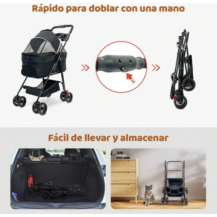 Carriola Para Perros Cochecito Plegable Para Cachorro Carro Desmontable Para Mscotas Carriola Con Cesta Extraíble Cochecito Con 4 Ruedas 360°De Viaje Para Perro Pequeño Mediano Transpirable Carrito Plegable De Aleación De Aluminio Para Mascota Ligera Carreola Plegable Resistente Mascotas Para Perros Y Gatos - Negro - Añade 5