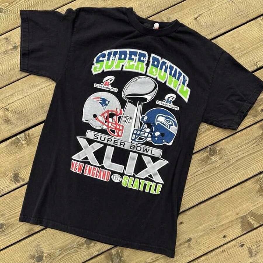 Women's & Men's Casual Crew Neck Short Sleeve Pullover T-Shirt, Themed Seahawks, Camisas Para Hombre, Super Bowls XLIX 2015 Patriots Vs Seahawks T Shirt  NFLs Football Perfect For Sports And Fan Events Men, Paties, Gift For Husband/Boyfriend |   Unisex - màu đen - Xem 1