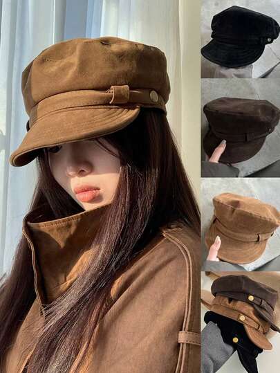 Solid Color Fabric Retro British Style Newsboy Cap, Women High-End Suede Octagonal Hat, Flattering, Fashionable Artist Cap, Versatile For Autumn/Winter