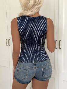 Y2K风格波点印花针织吊带背心，无袖上衣，适合海滩、通勤和夏季街头休闲穿着 - 藍色 - 查看 10