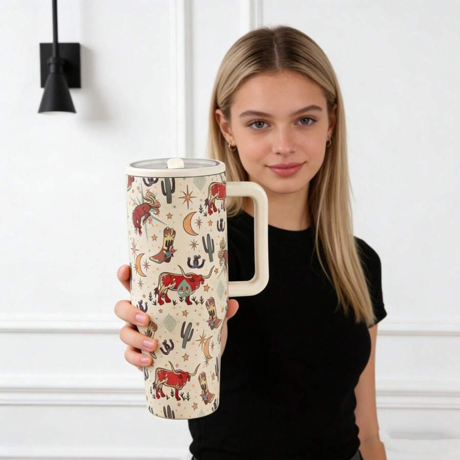 HYDROJUGs 40oz Vintage Western Rodeo Print Stainless Steel Insulated Tumbler With Smooth Ivory Handle, Secure Slide Lid & Double-Wall Vacuum, Travel Mug For Daily Commute, School, Tailgate Parties, Hiking Trails & Office Breaks, Ideal Christmas & Halloween Gift For Family, Friends & Rustic Charm Enthusiasts - 40oz西部牛仔 - 查看 1