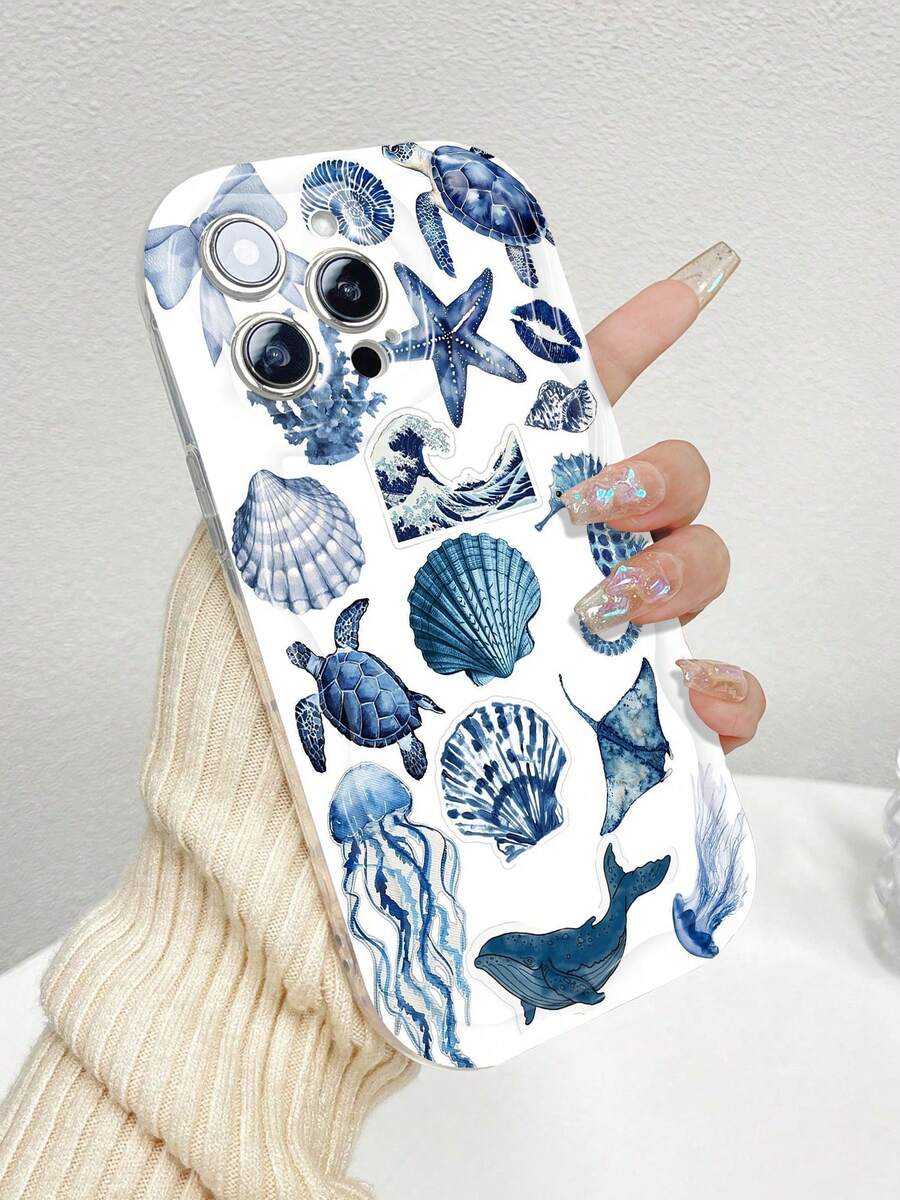 Watercolor Ocean Themed Stickers In Shades Of Blue. This Stylish Phone Case Is Compatible With Samsung, Apple,  OPPO, ,And So On.Made Of Flexible TPU Material,Shock-Resistant,Scratch-Resistant, It Offers Excellent Drop Protection And A Comfortable Grip. It's An Ideal Gift For Family, Friends, And Loved Ones, And A Perfect Choice For Festivals,Fundas Para ,Valentine's Day,Quick Ship Items - Clear - View 1