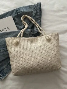 2026新款草编手提包，大容量单肩包，清新腋下编织手提包，女士款 - 米色 - 查看 2