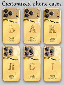 1pc Customized 26 Letters & Name, Business Gold 2026 Pattern High-Definition Gold Electroplated Glass Phone Case Suitable Compatible With Apple 17 Pro Max/16 Pro Max/15/14 Plus/13 Pro/12 Pro Max/11/Xs Max/8/7/6 Plus Phone Accessories - Gold - View 6