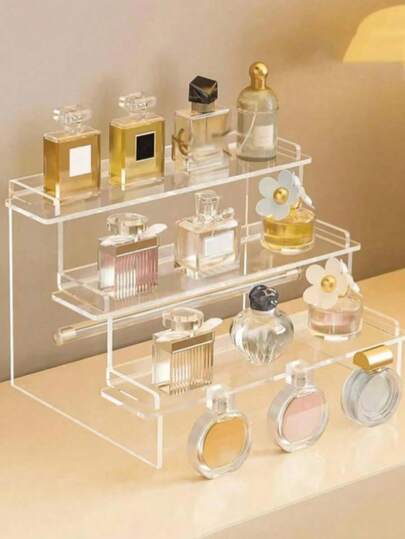 1pc Multi-Layer Transparent Cosmetic Storage Rack, Suitable For Perfume, Skincare, Makeup, Bathroom, Bedroom, Home Decor, Reinforced Sturdy Trapezoid Design, Applicable For Holidays, Bathroom, Bedroom Storage, Large Capacity